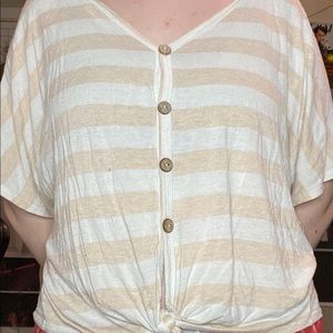 Striped button down top with tie at the bottom